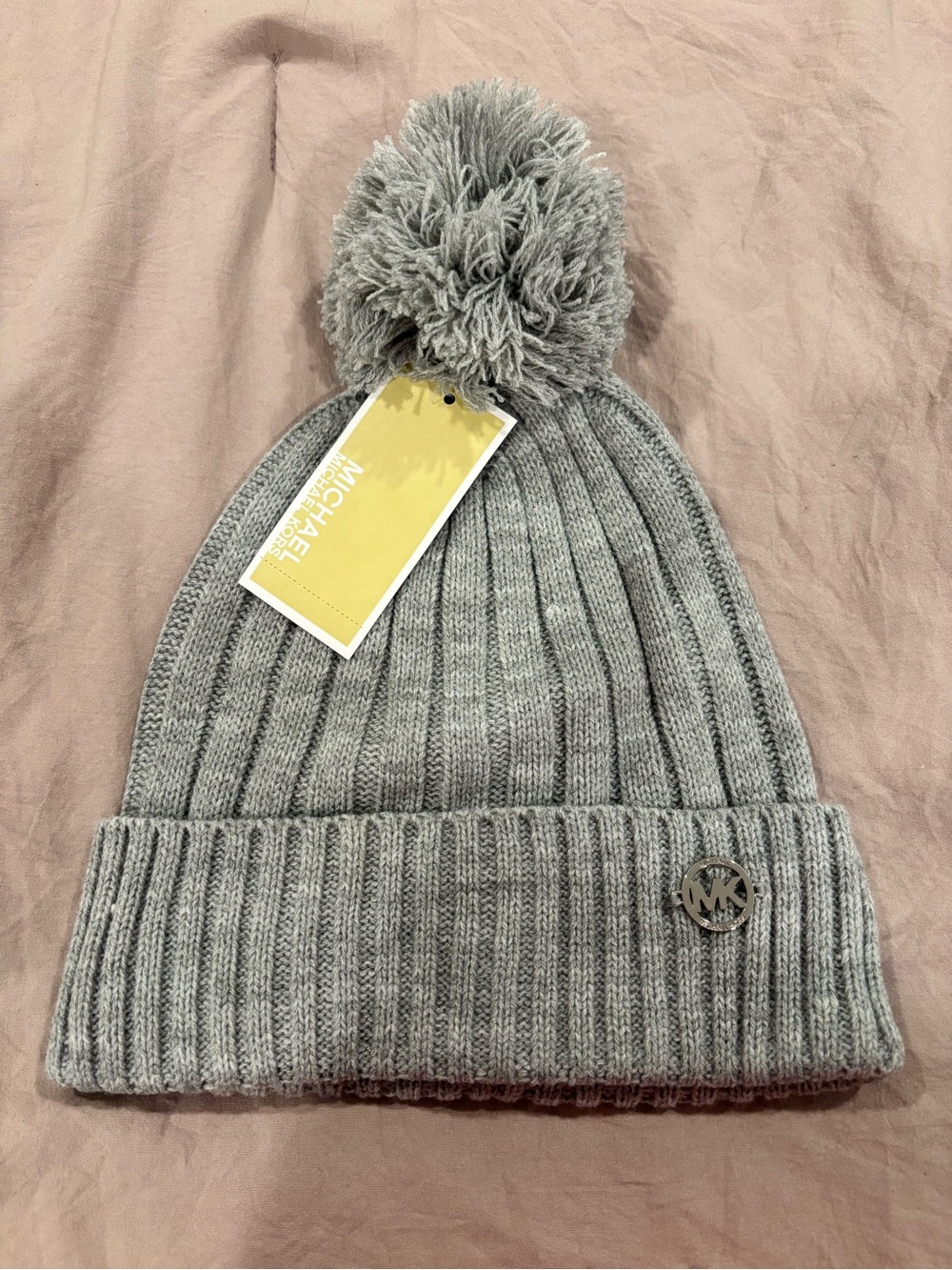 Michael Kors Light Gray Ribbed Pom-Pom Beanie